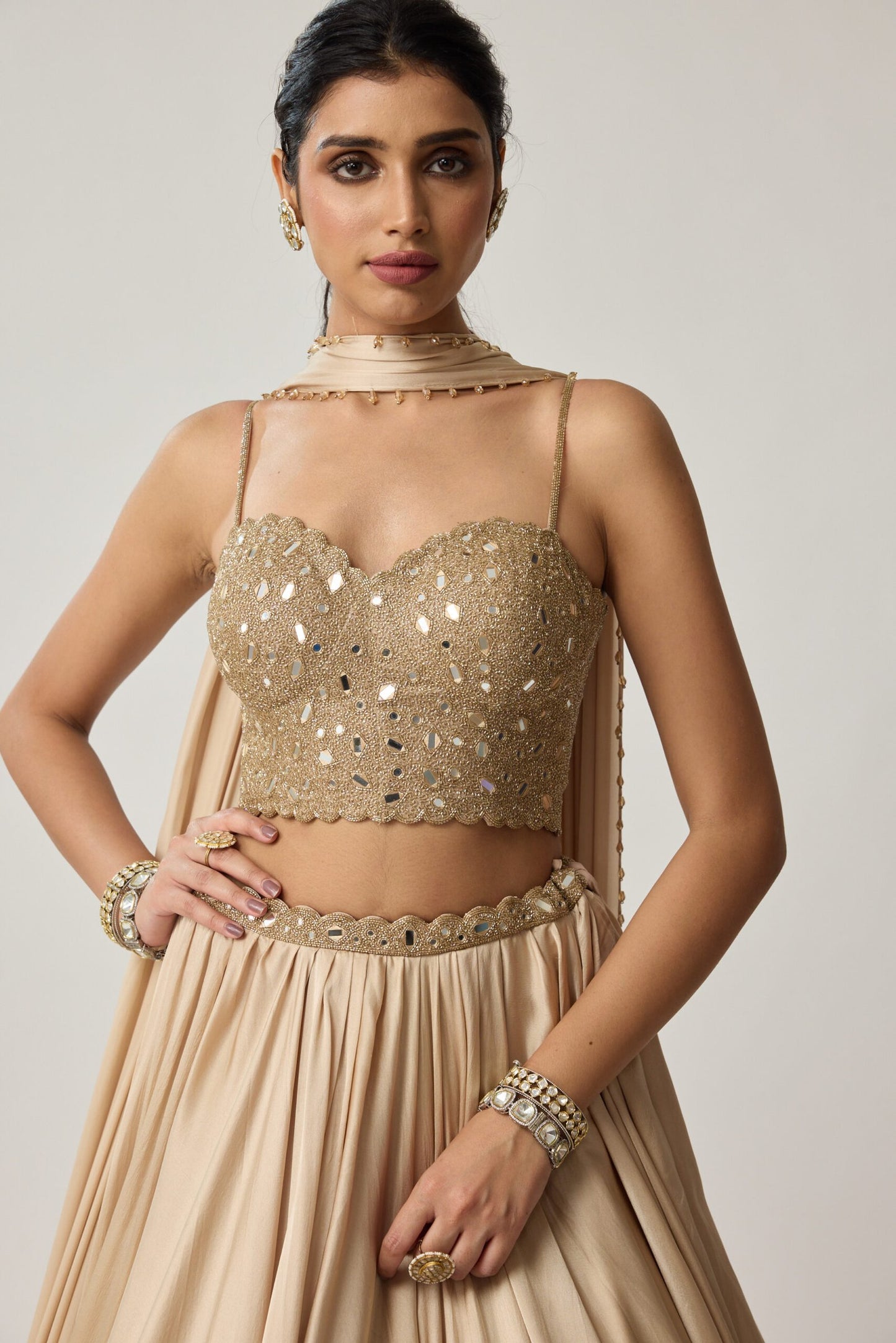 Light Beige Mirror Corset Satin skirt Set