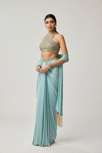 Powder Blue Mirror Satin draped skirt Set