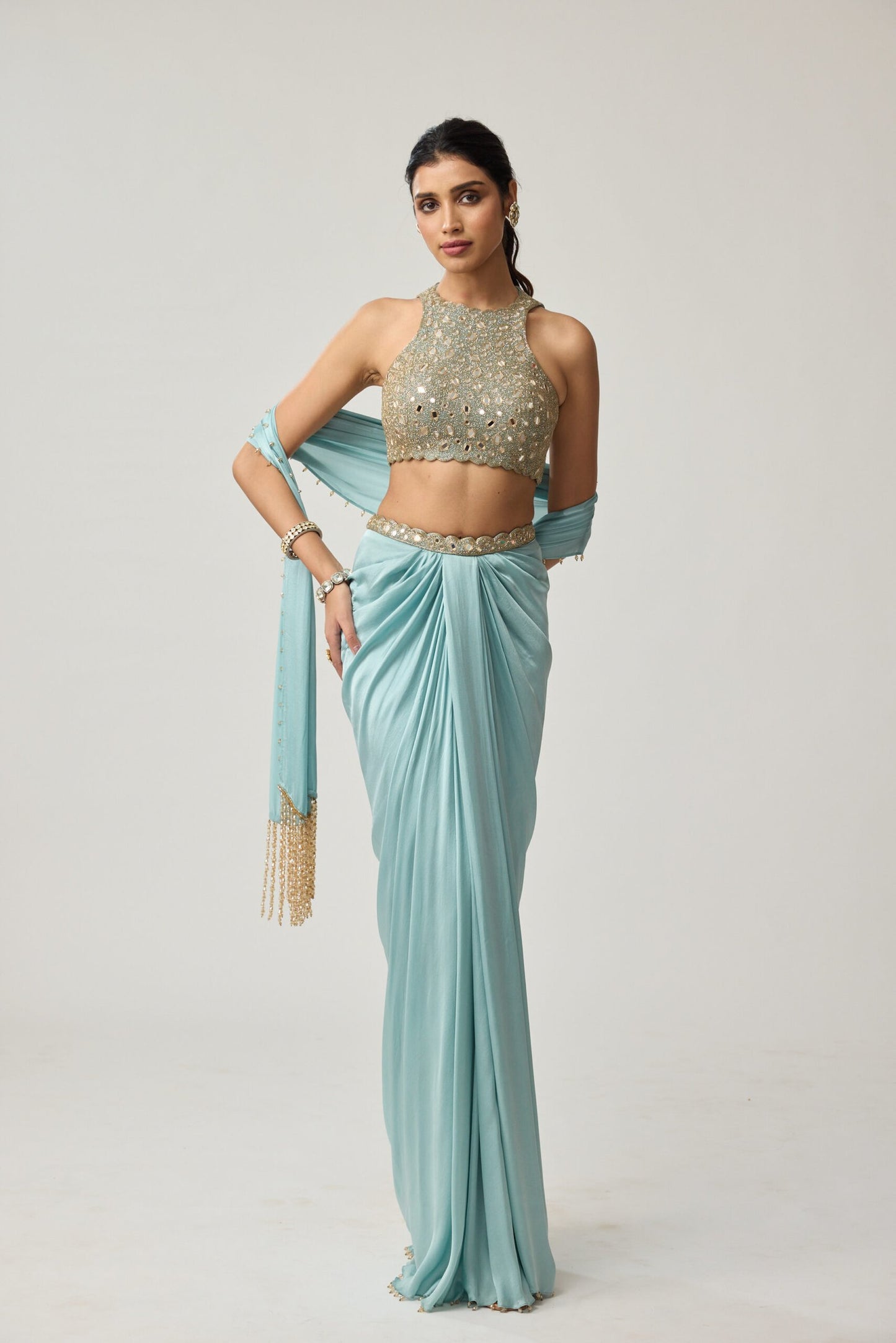 Powder Blue Mirror Satin draped skirt Set
