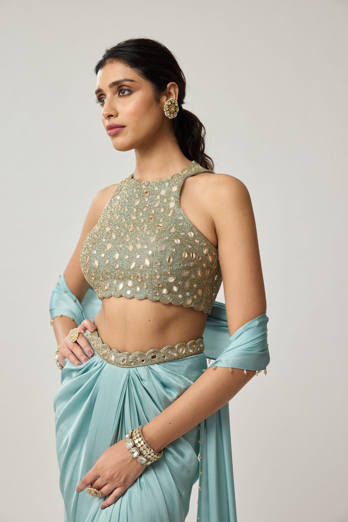 Powder Blue Mirror Satin draped skirt Set
