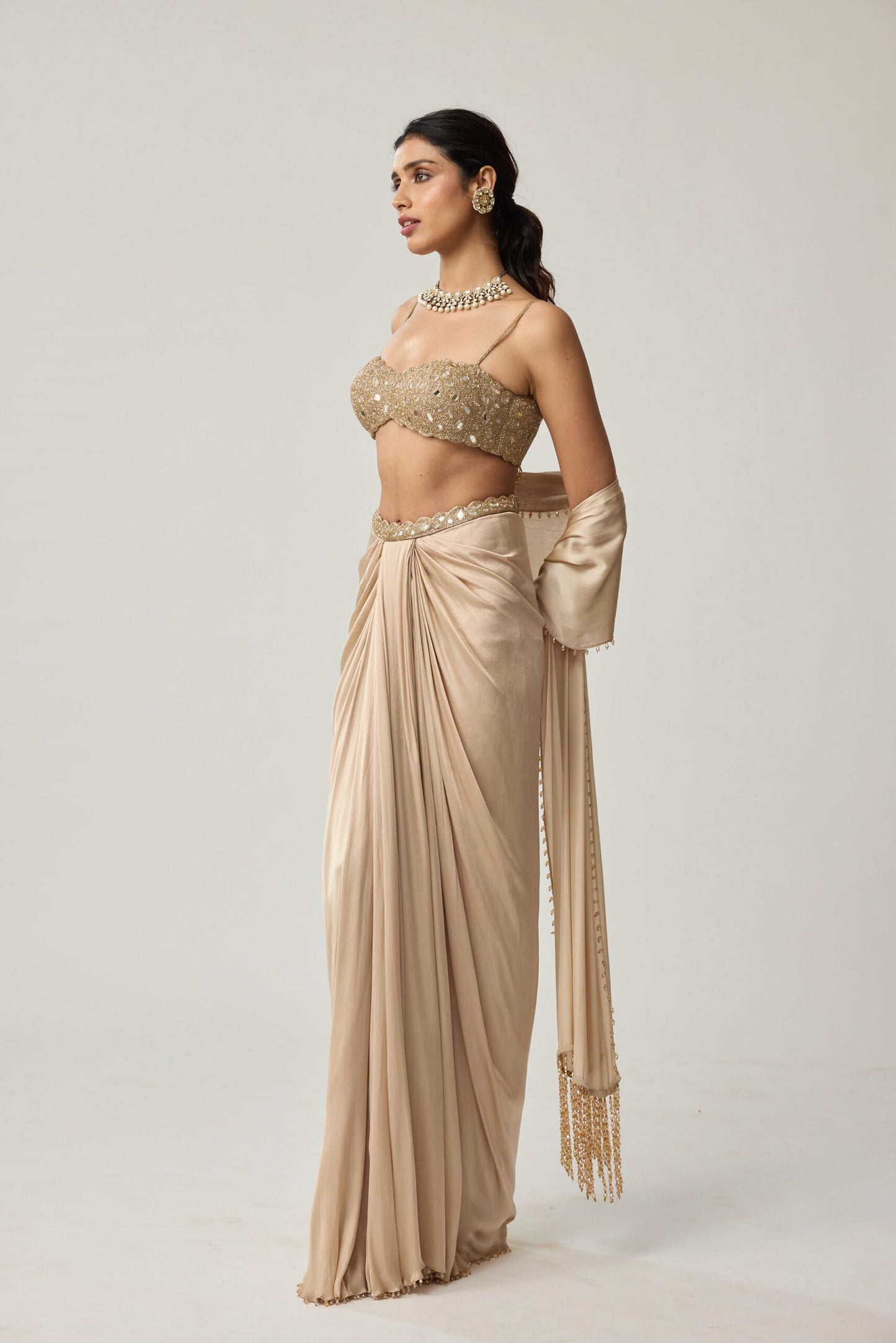 Light beige Mirror Satin draped skirt Set
