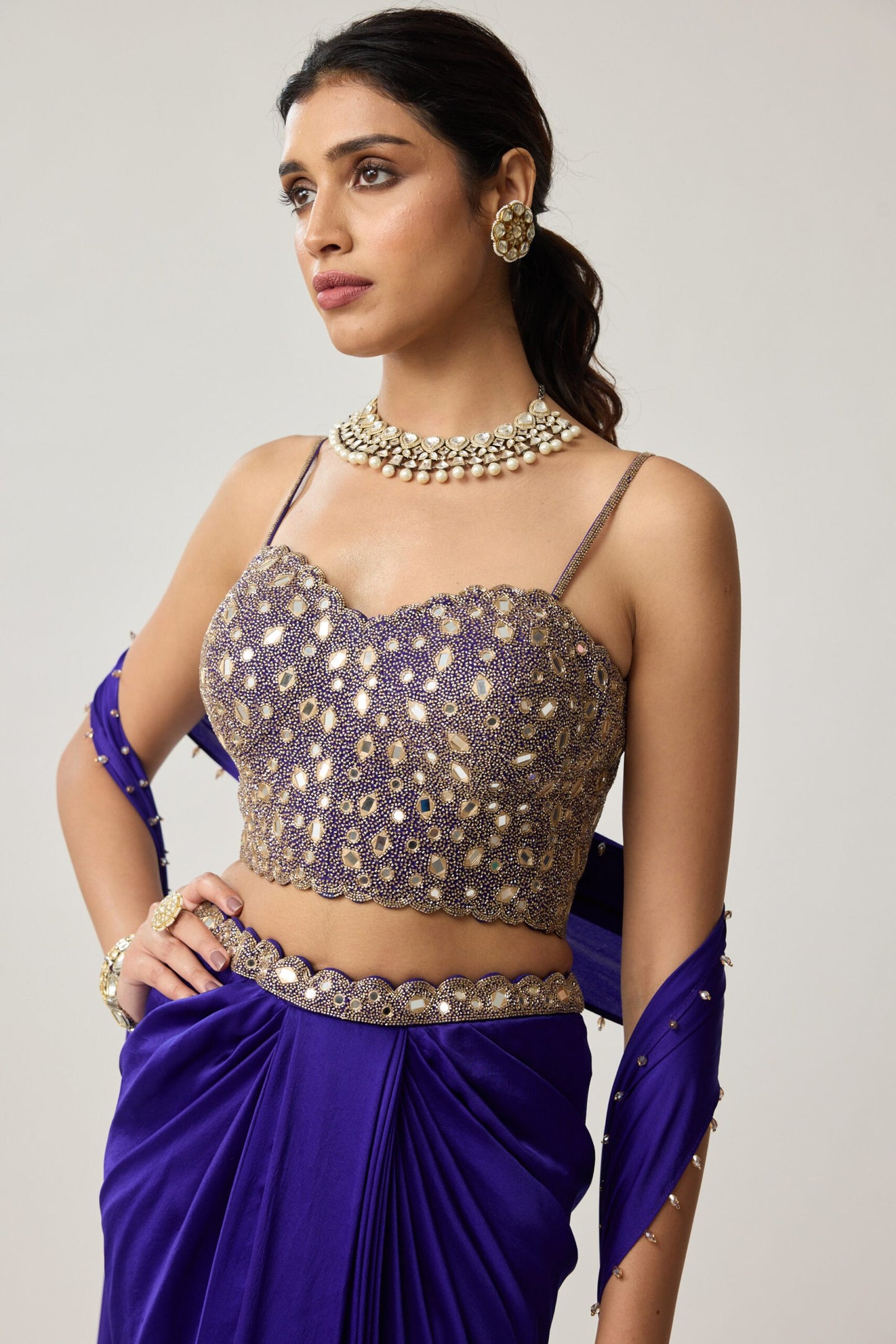 Persian Blue Mirror Corset Satin draped skirt Set