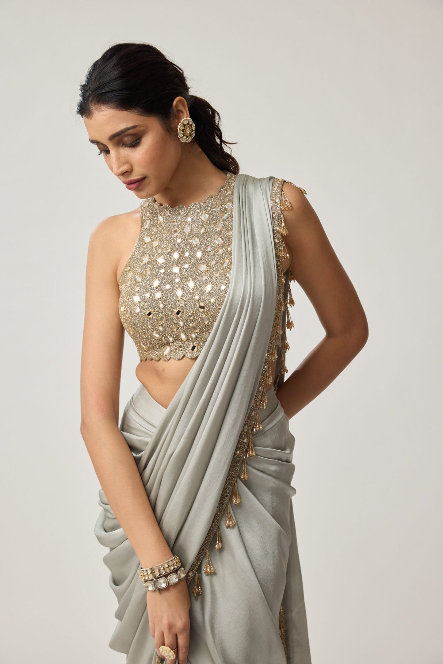 Powder Grey Mirror Satin Saree Set