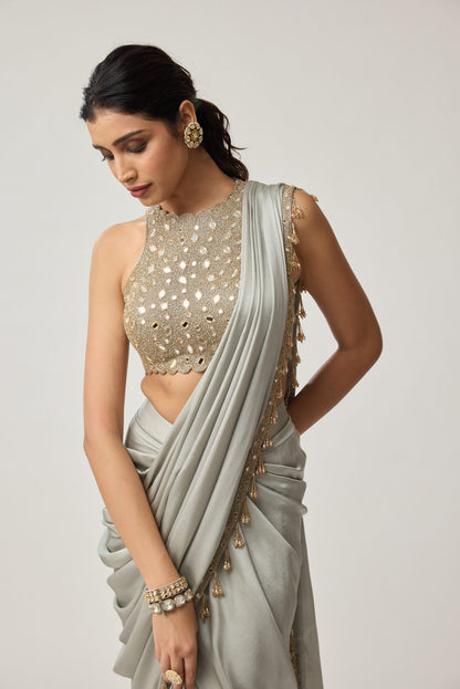 Powder Grey Mirror Satin Saree Set