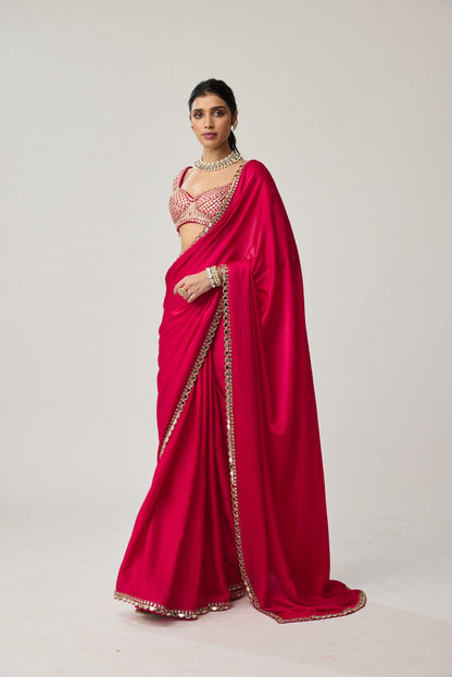 Crimson Red Gota Mirror Satin Saree Set