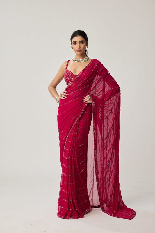 Ruby Red Crystal Saree set
