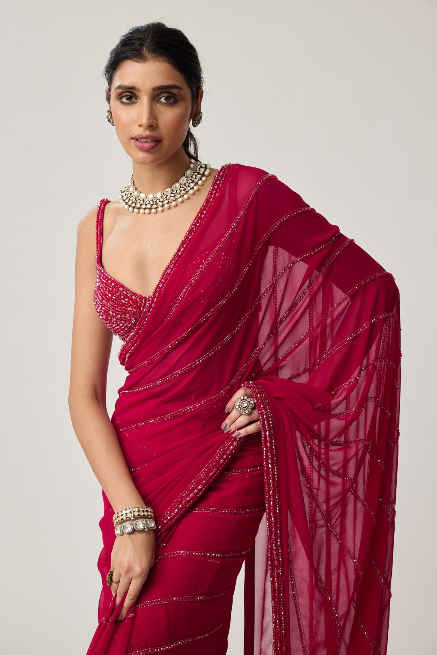 Ruby Red Crystal Saree set
