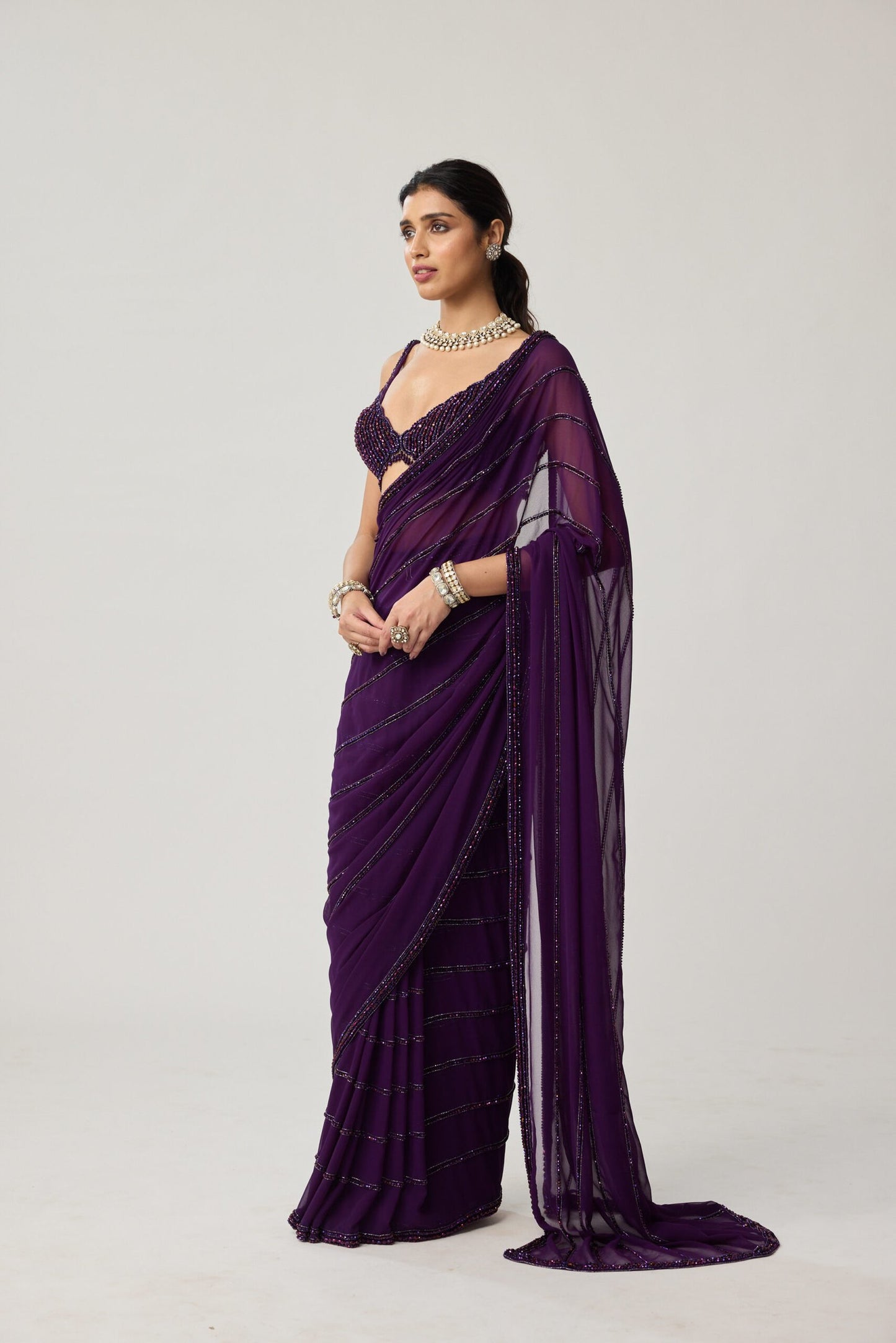 Royalty purple Crystal saree set