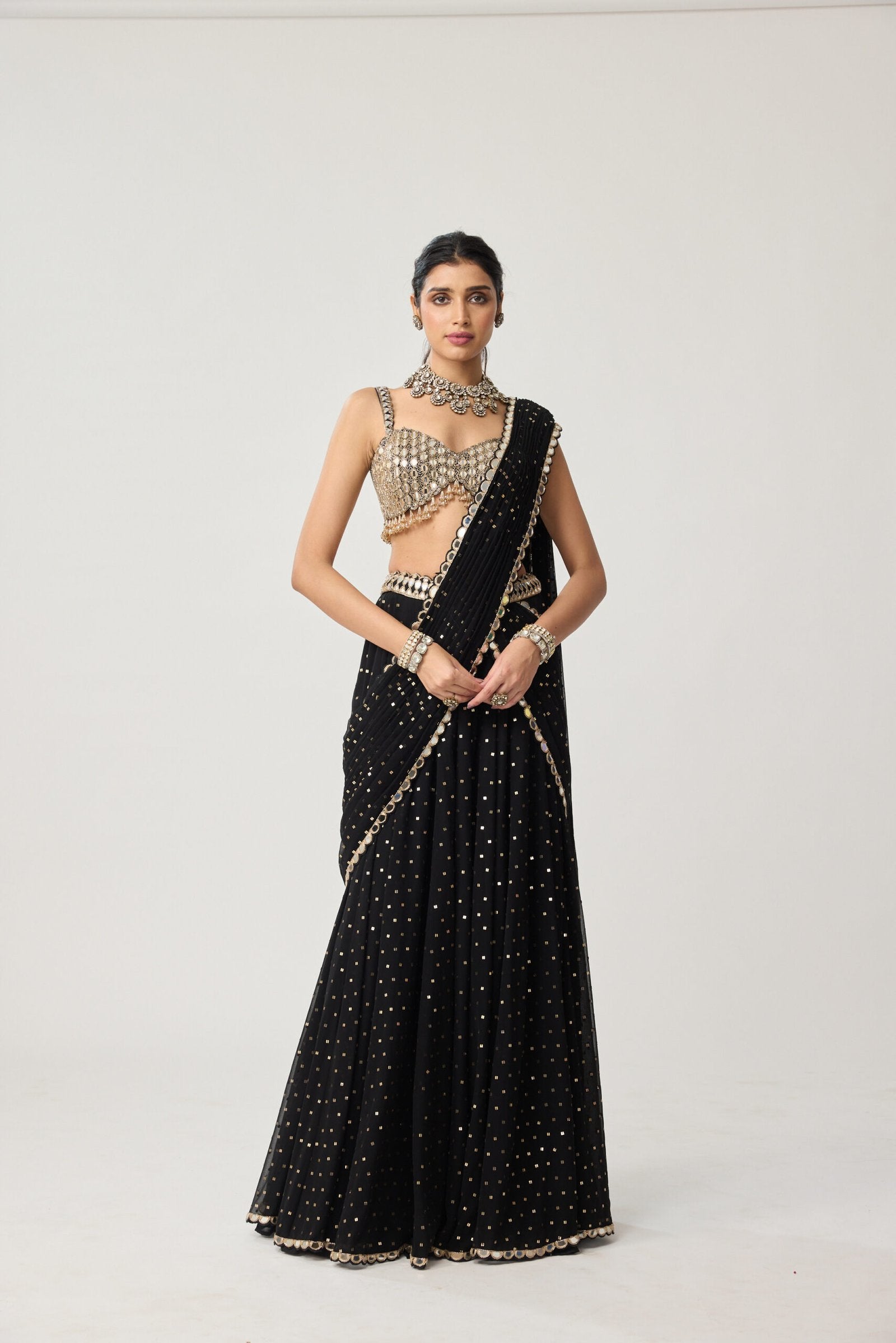 Black Georgette Flared pants Saree Set