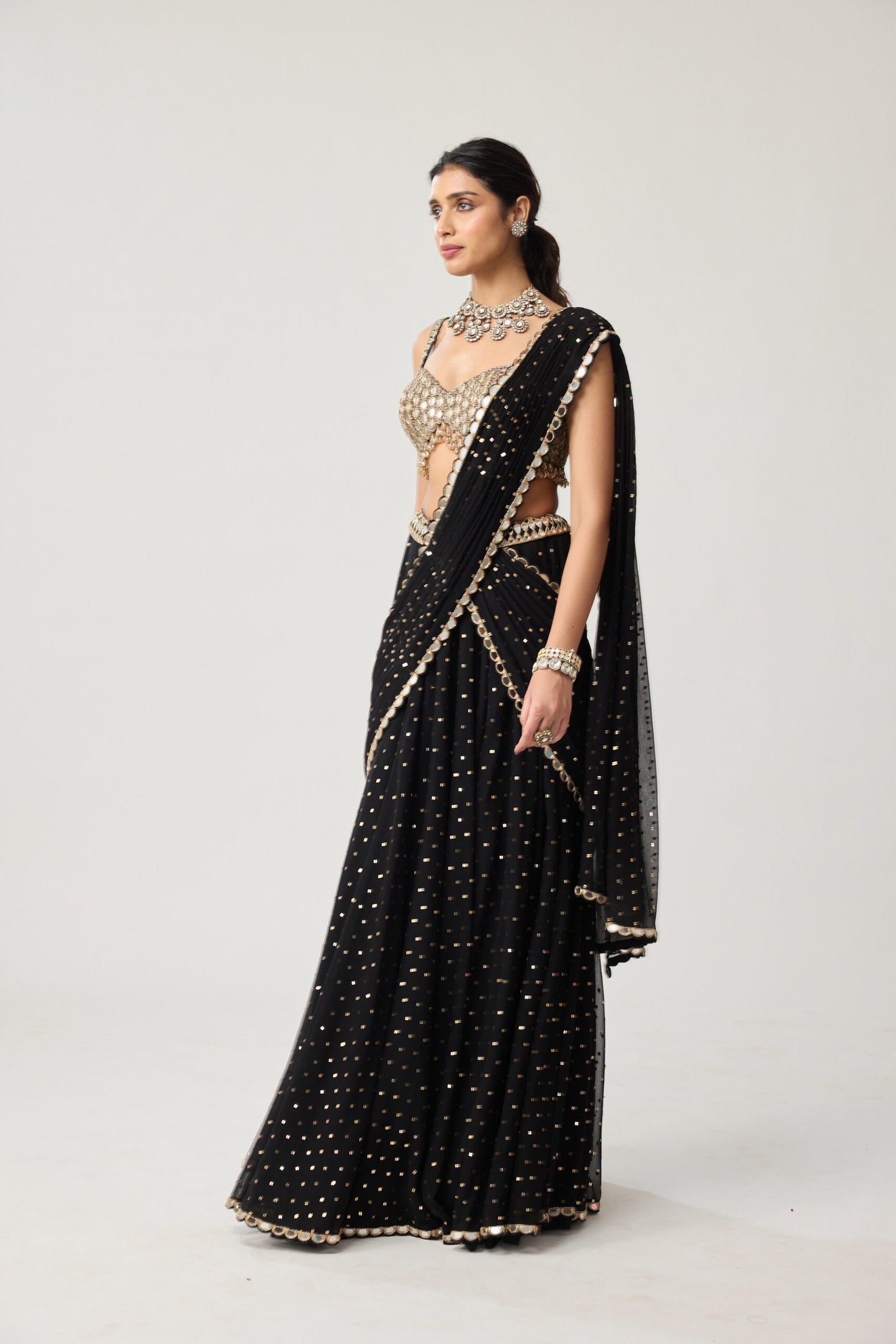 Black Georgette Flared pants Saree Set