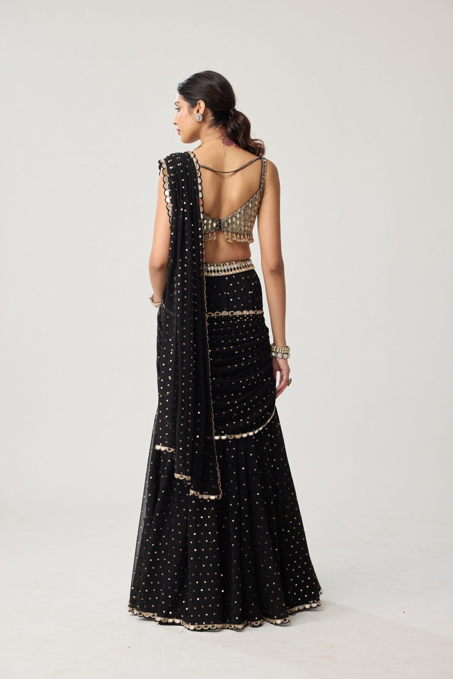 Black Georgette Flared pants Saree Set