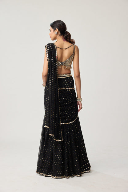 Black Georgette Flared pants Saree Set
