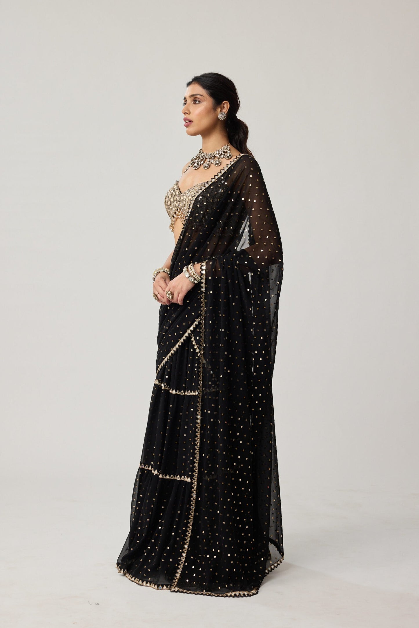 Black Georgette Multi-tier Saree Set