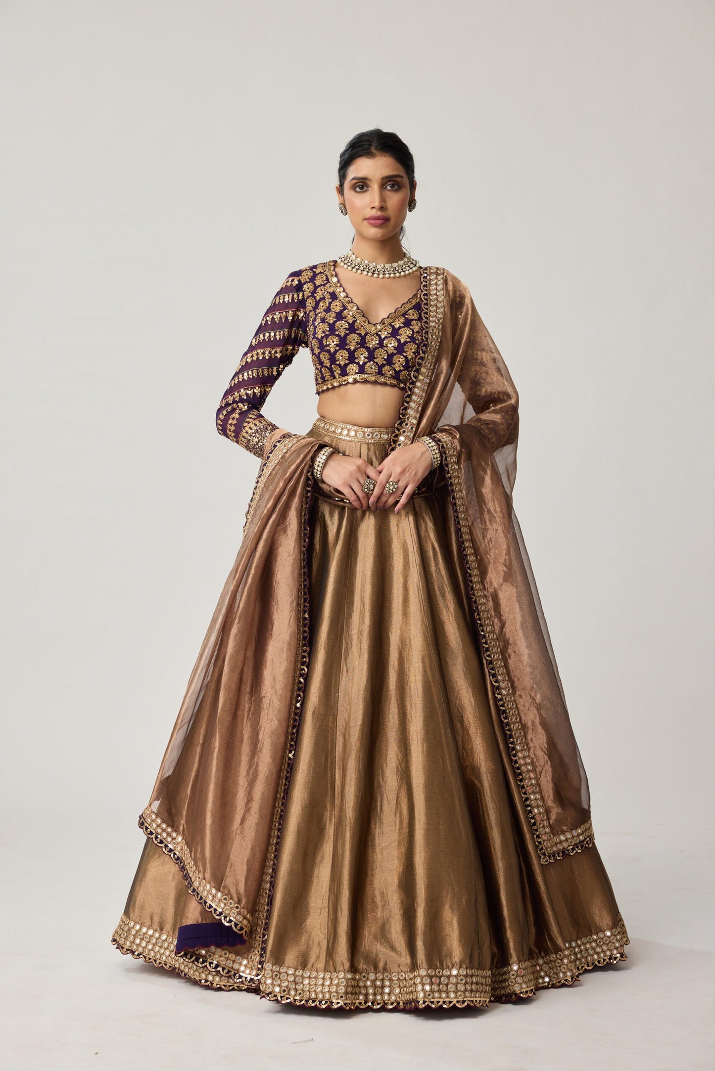 Copper Tissue Mughal Motif Lehenga Set