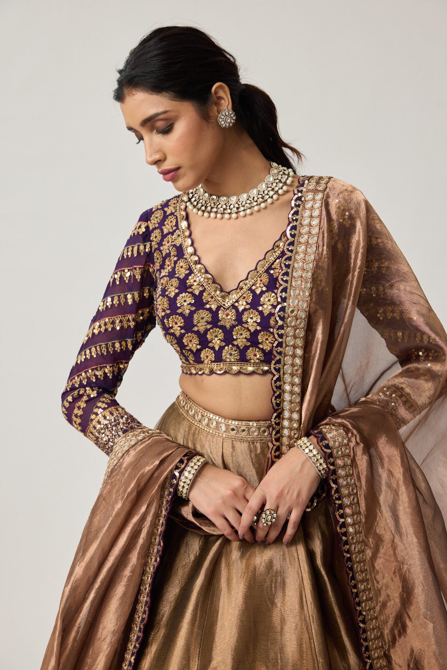 Copper Tissue Mughal Motif Lehenga Set