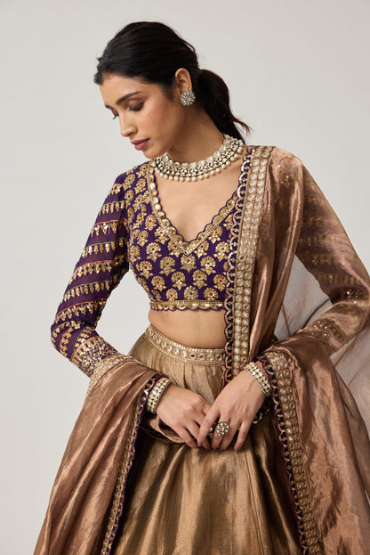 Copper Tissue Mughal Motif Lehenga Set