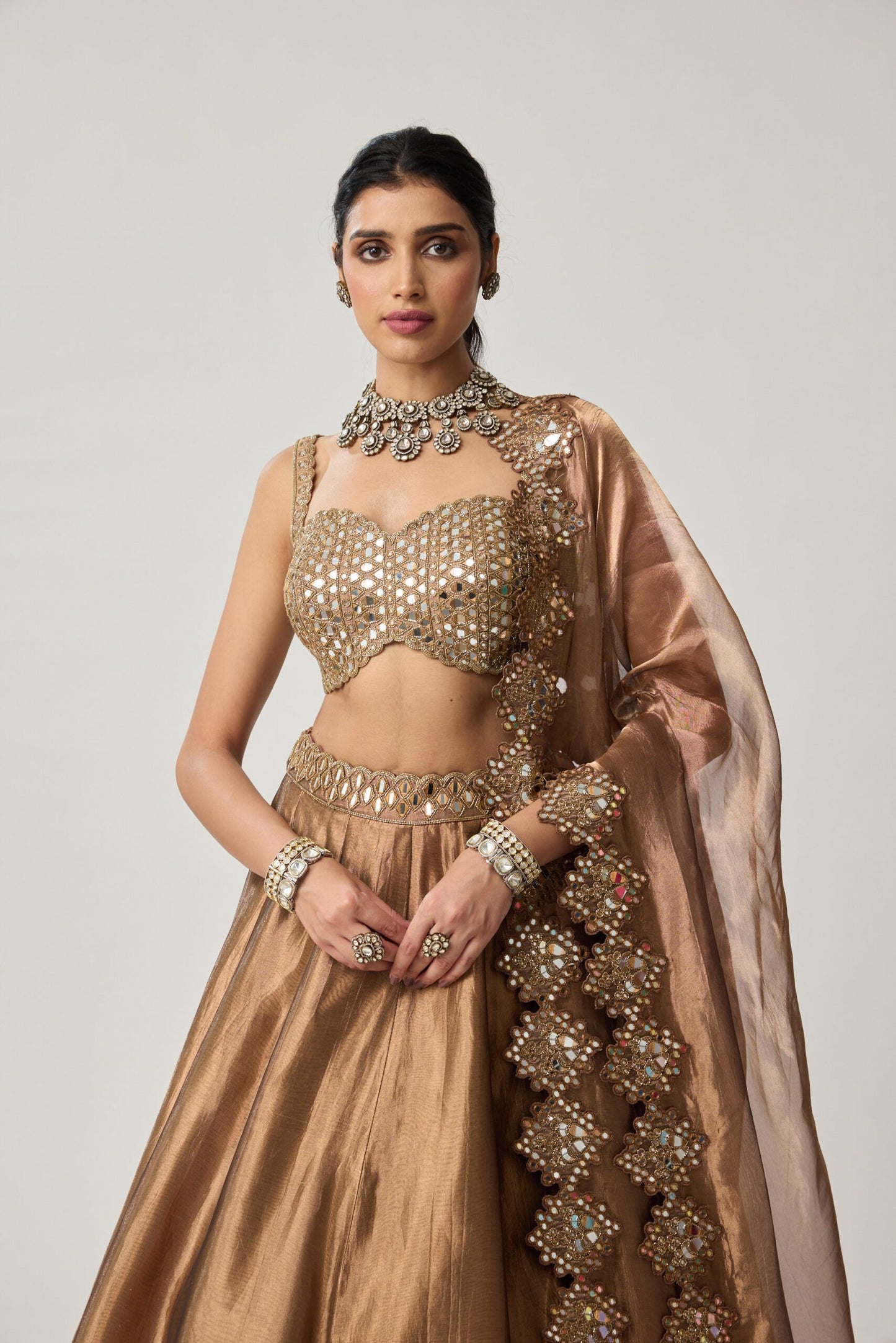 Copper Tissue Mirror Geometry Lehenga Set