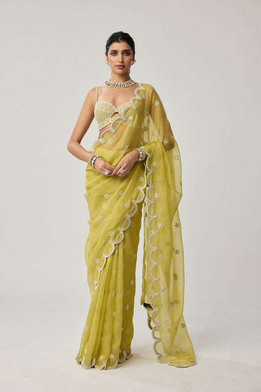 Fern Green Organza Mirror and Pearl saree set