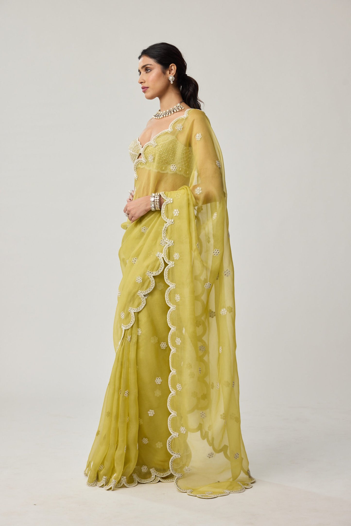 Fern Green Organza Mirror and Pearl saree set