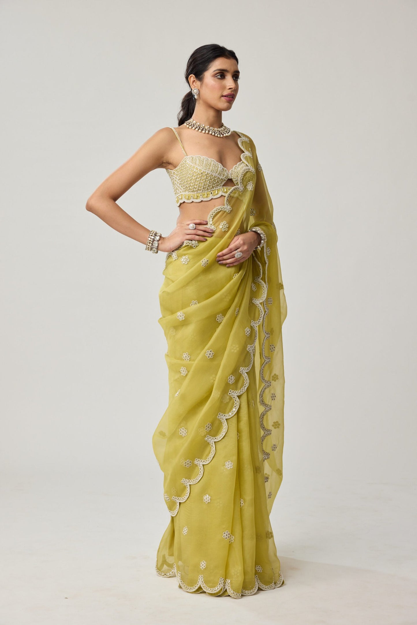 Fern Green Organza Mirror and Pearl saree set