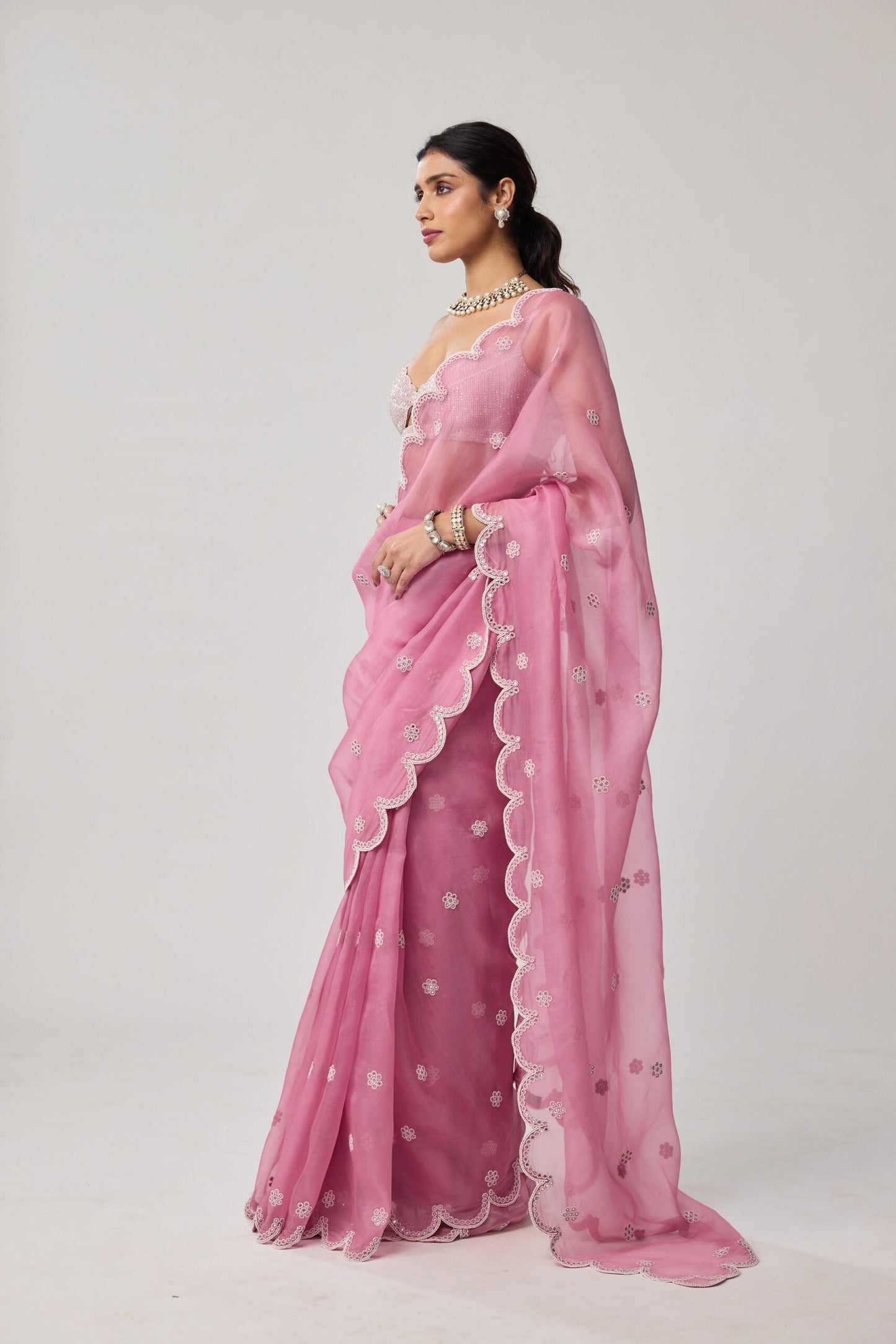 Onion Pink Organza Pearl saree set