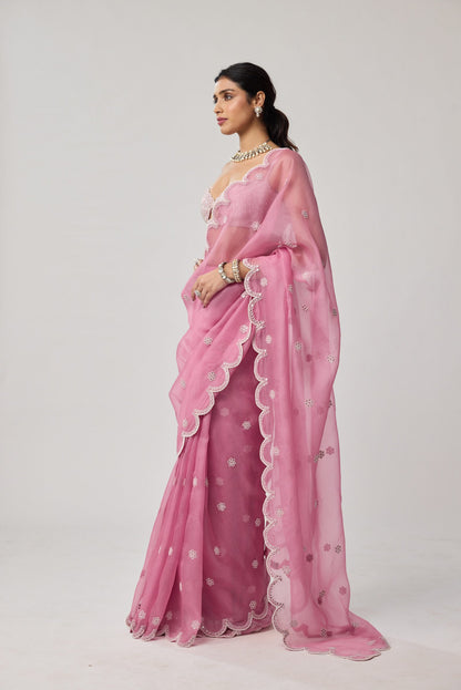 Onion Pink Organza Pearl saree set