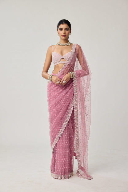Onion Pink Pearl Scattered Net saree set