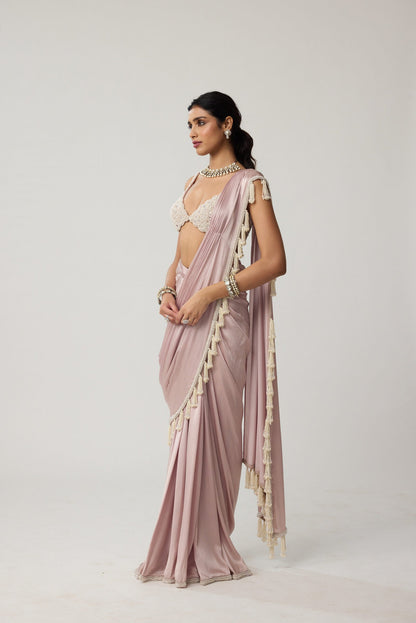Ash Pink Pearl Satin draped Saree Set