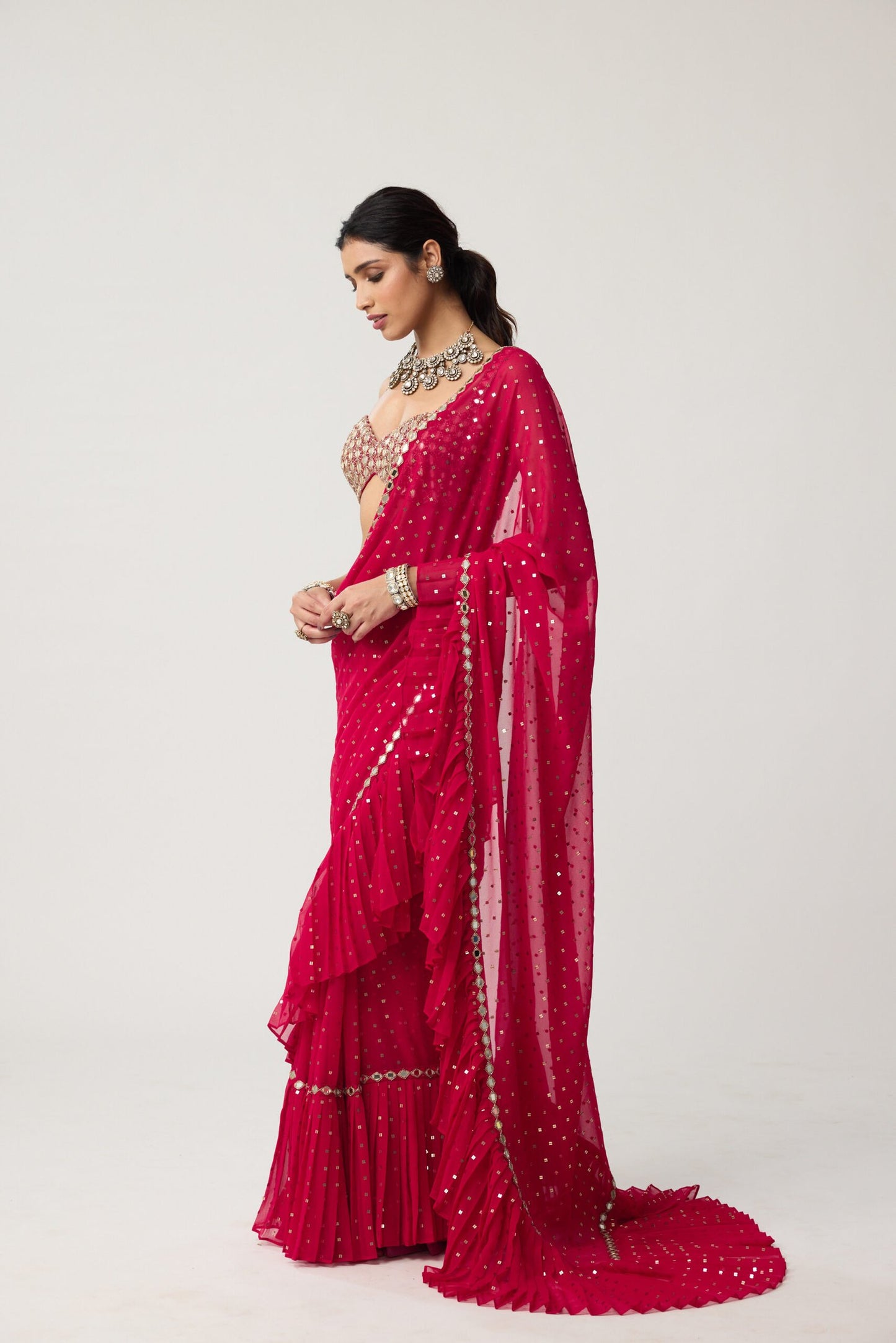 Crimson Red Ruffle Sequins Mirror Saree Set