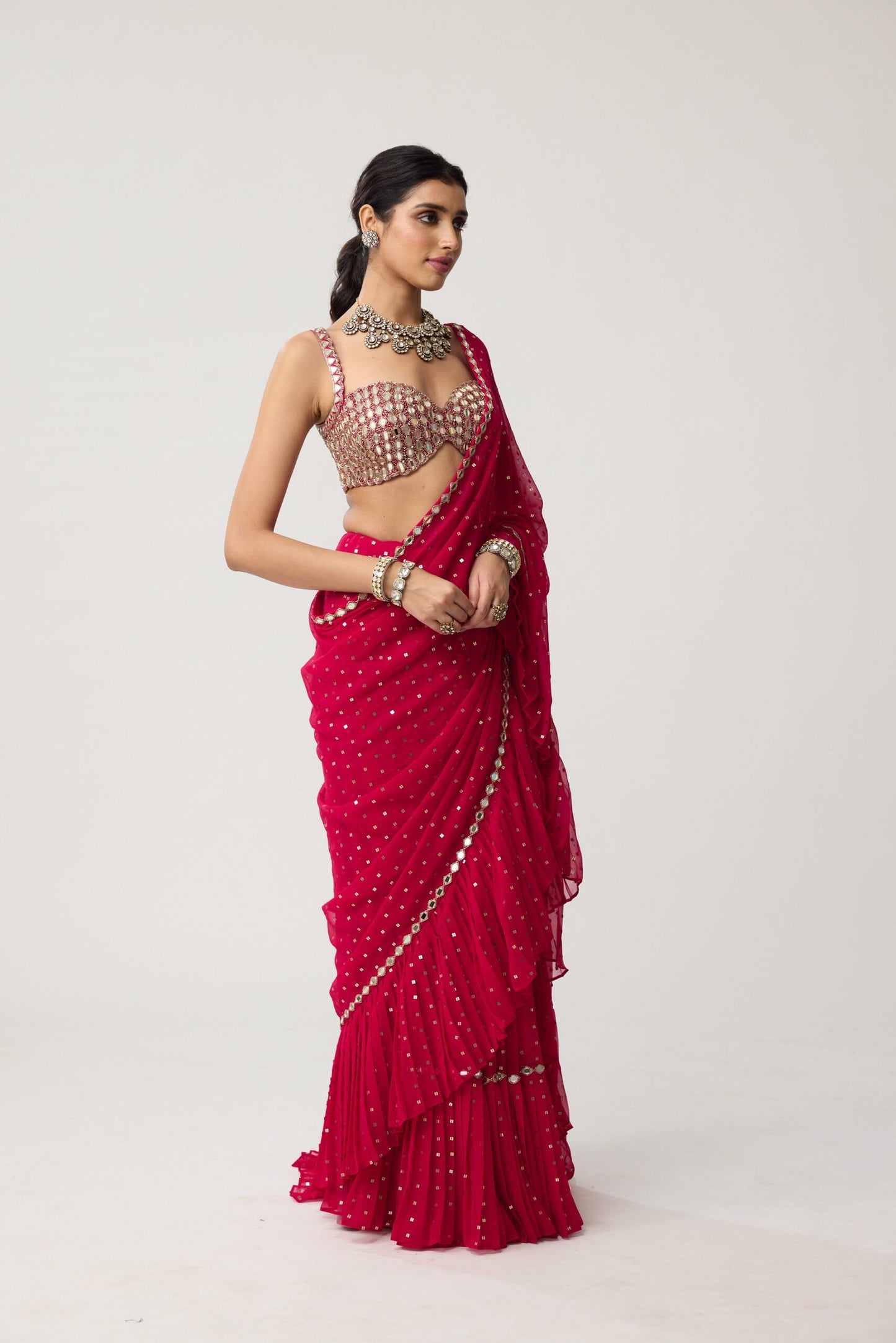 Crimson Red Ruffle Sequins Mirror Saree Set