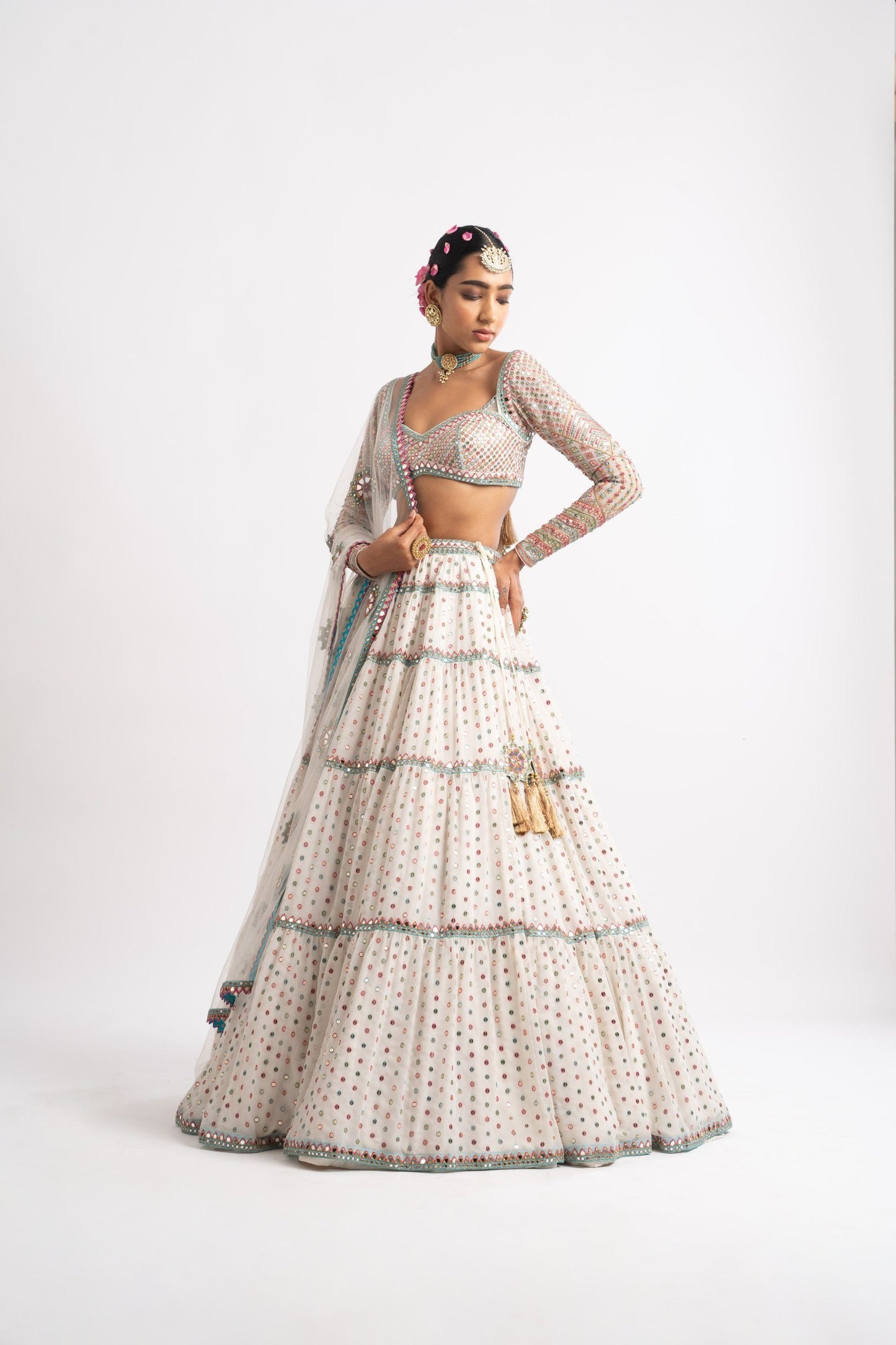 White Multi Tier Multi Color Lehenga Set