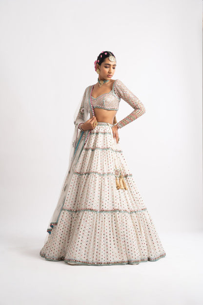 White Multi Tier Multi Color Lehenga Set