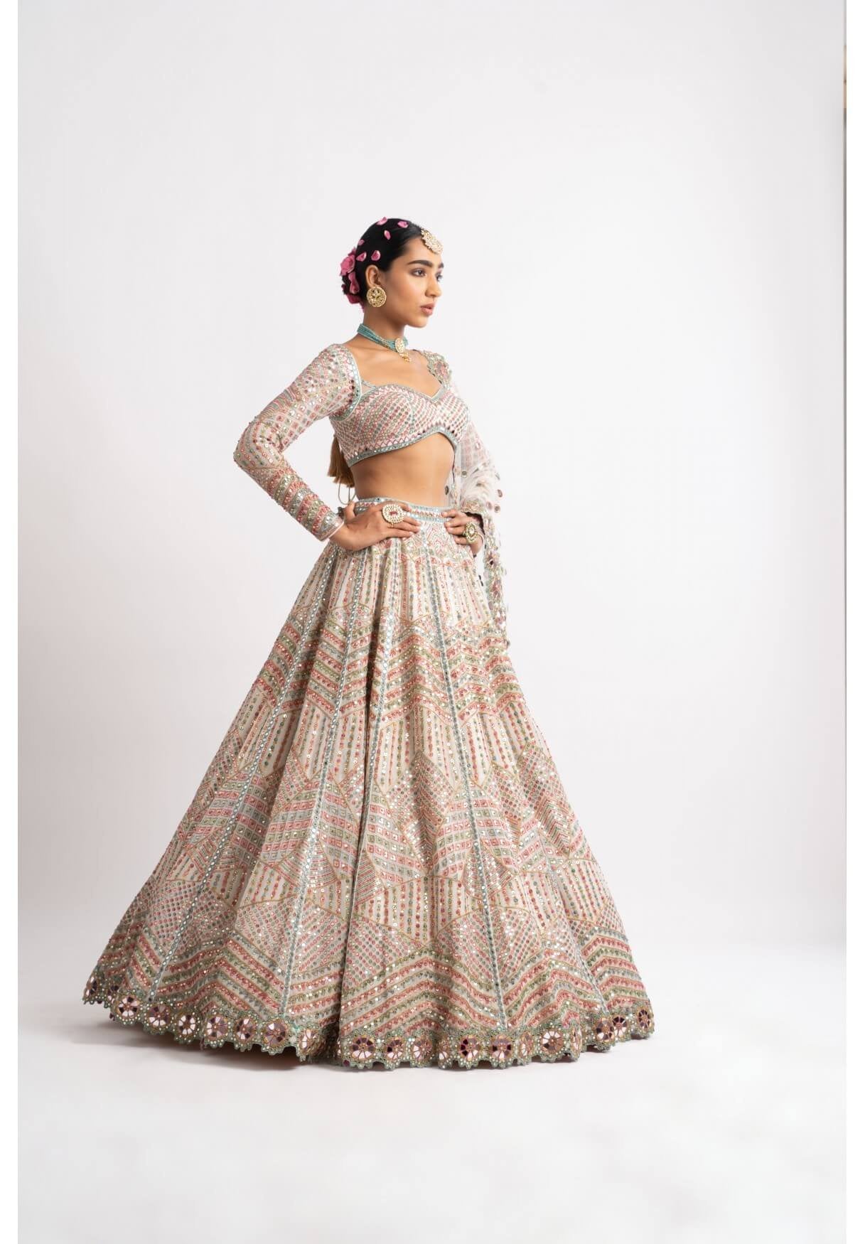 White Heavy Multi Geo Color Lehenga Set