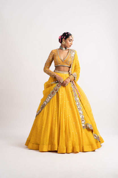 Yellow Silk Organza Lehenga Set