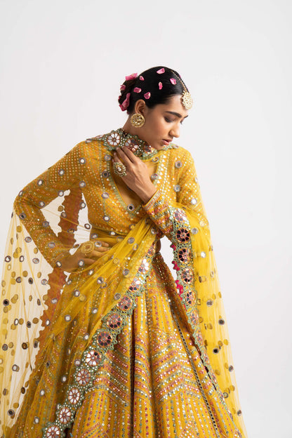Yellow V Neck Heavy Multi Color Lehenga Set