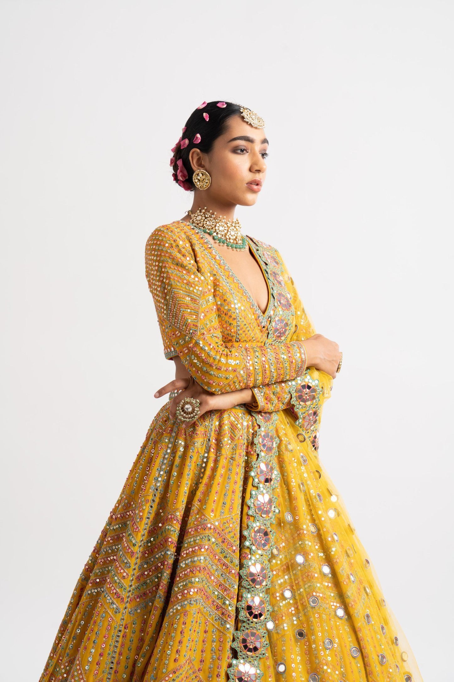 Yellow V Neck Heavy Multi Color Lehenga Set