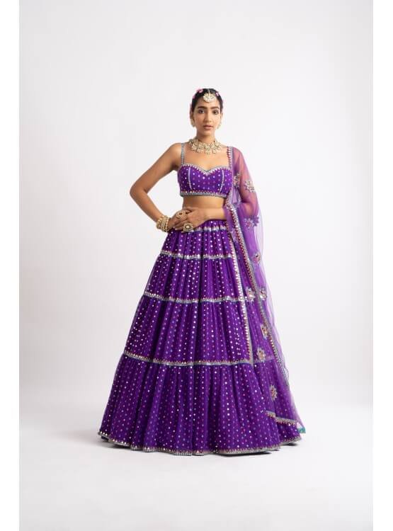 Purple Noodle Strap Multi Tier Lehenga Set