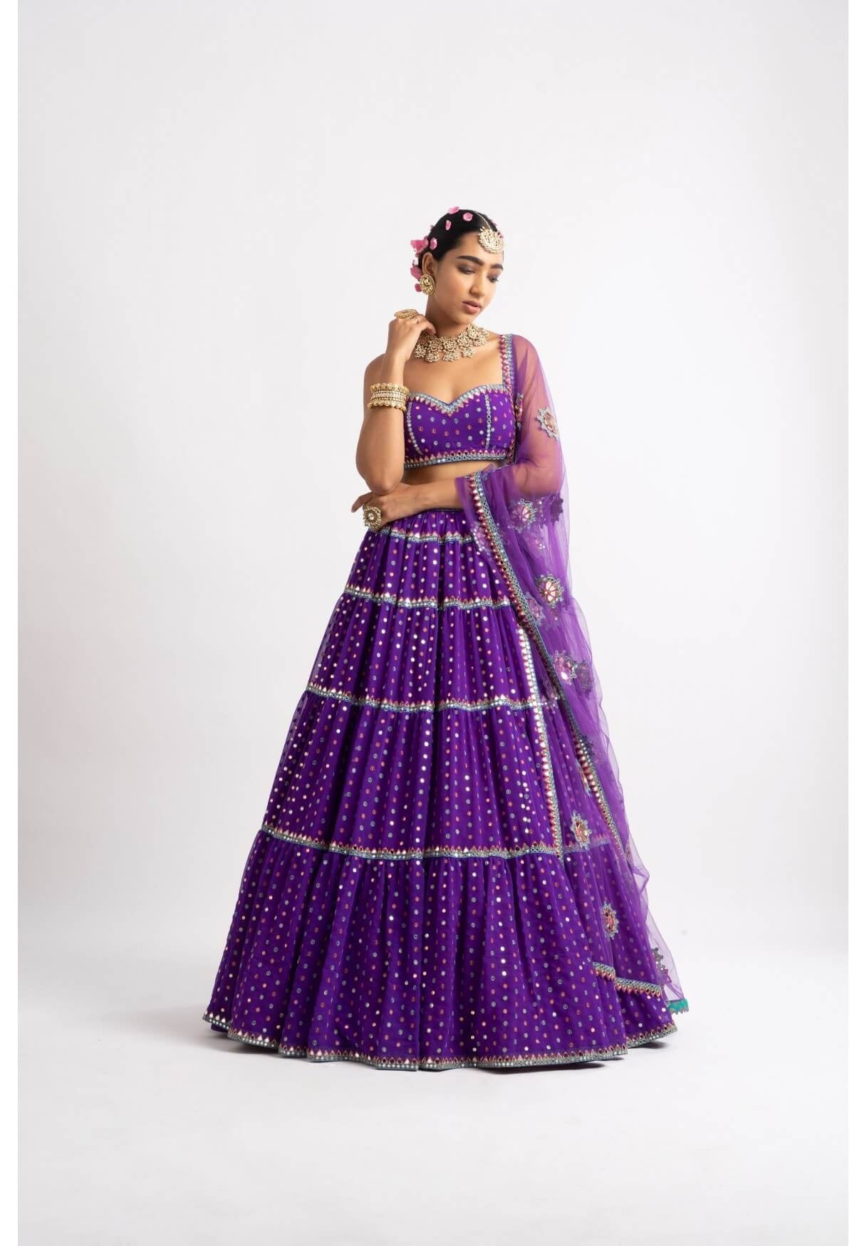 Purple Noodle Strap Multi Tier Lehenga Set