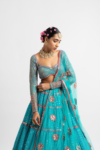 Peacock Green Multi Tier Multi Color Lehenga Set