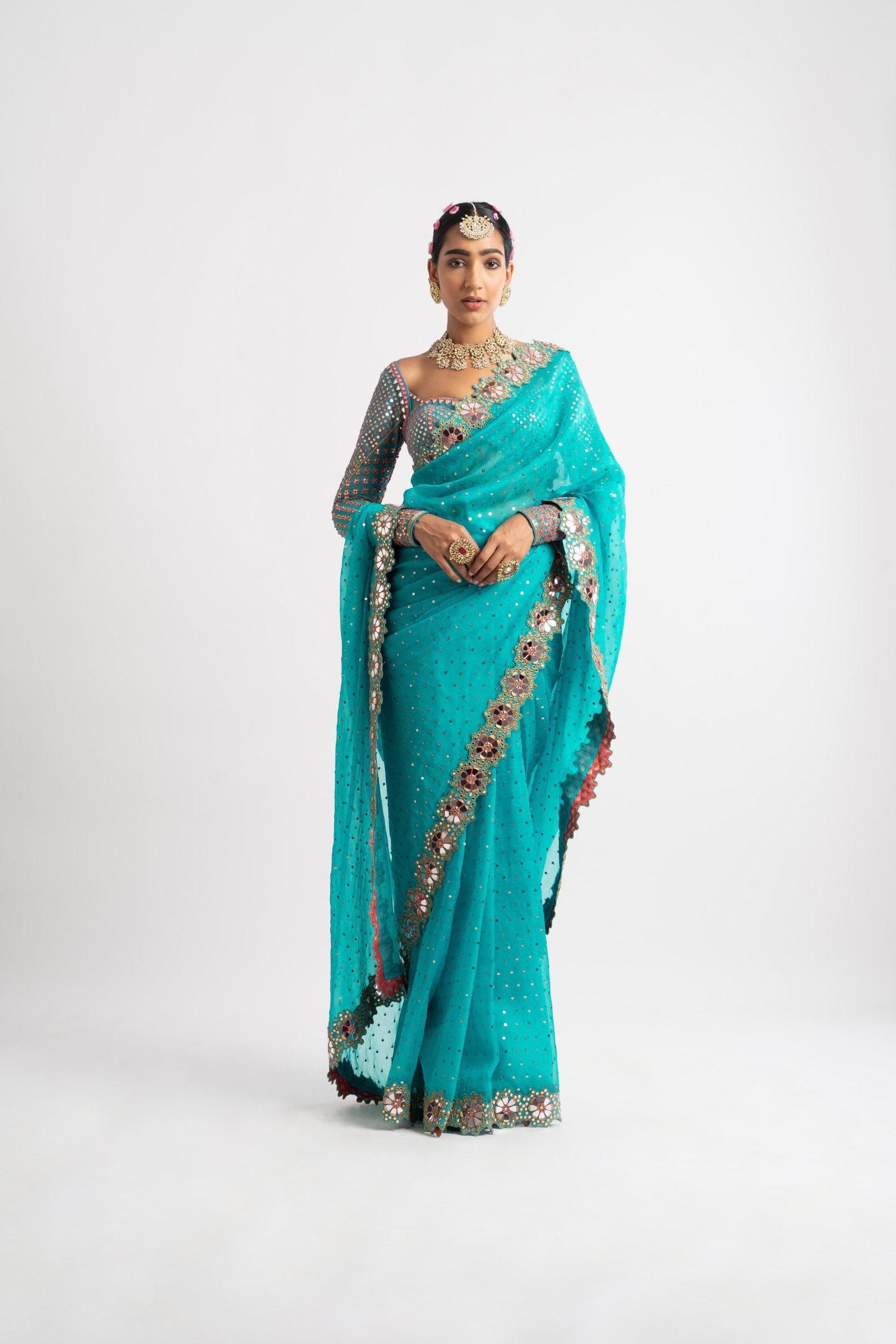 Peacock Green Hand Cut Mirror Border Saree Set
