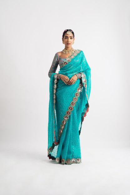 Peacock Green Hand Cut Mirror Border Saree Set