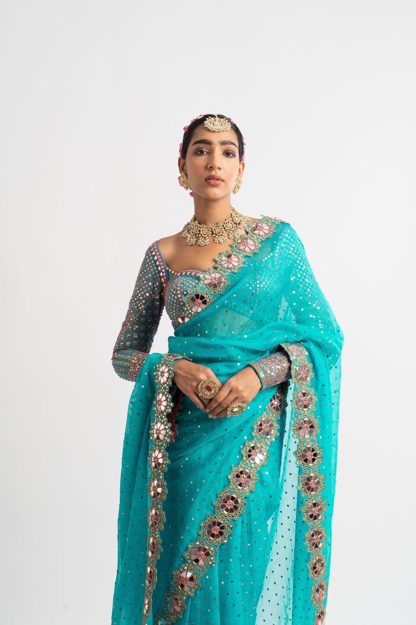 Peacock Green Hand Cut Mirror Border Saree Set