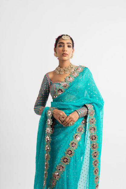 Peacock Green Hand Cut Mirror Border Saree Set