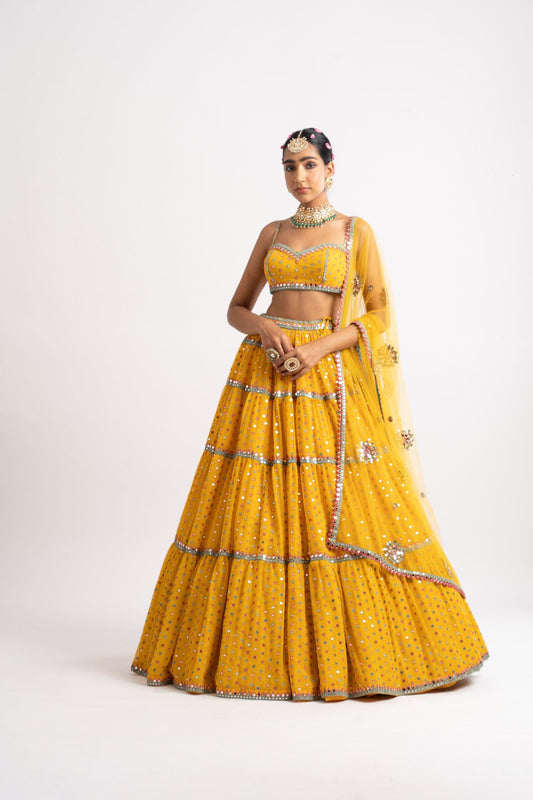 Yellow Noodle Strap Multi Tier Lehenga Set