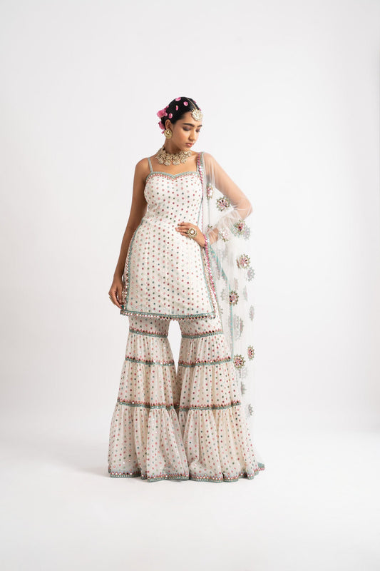 White Multi Tier Multi Color Sharara Set