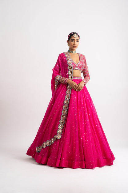 Fuschia Silk Organza Lehenga Set