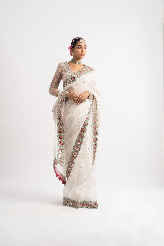White Hand Cut Mirror Border Saree Set