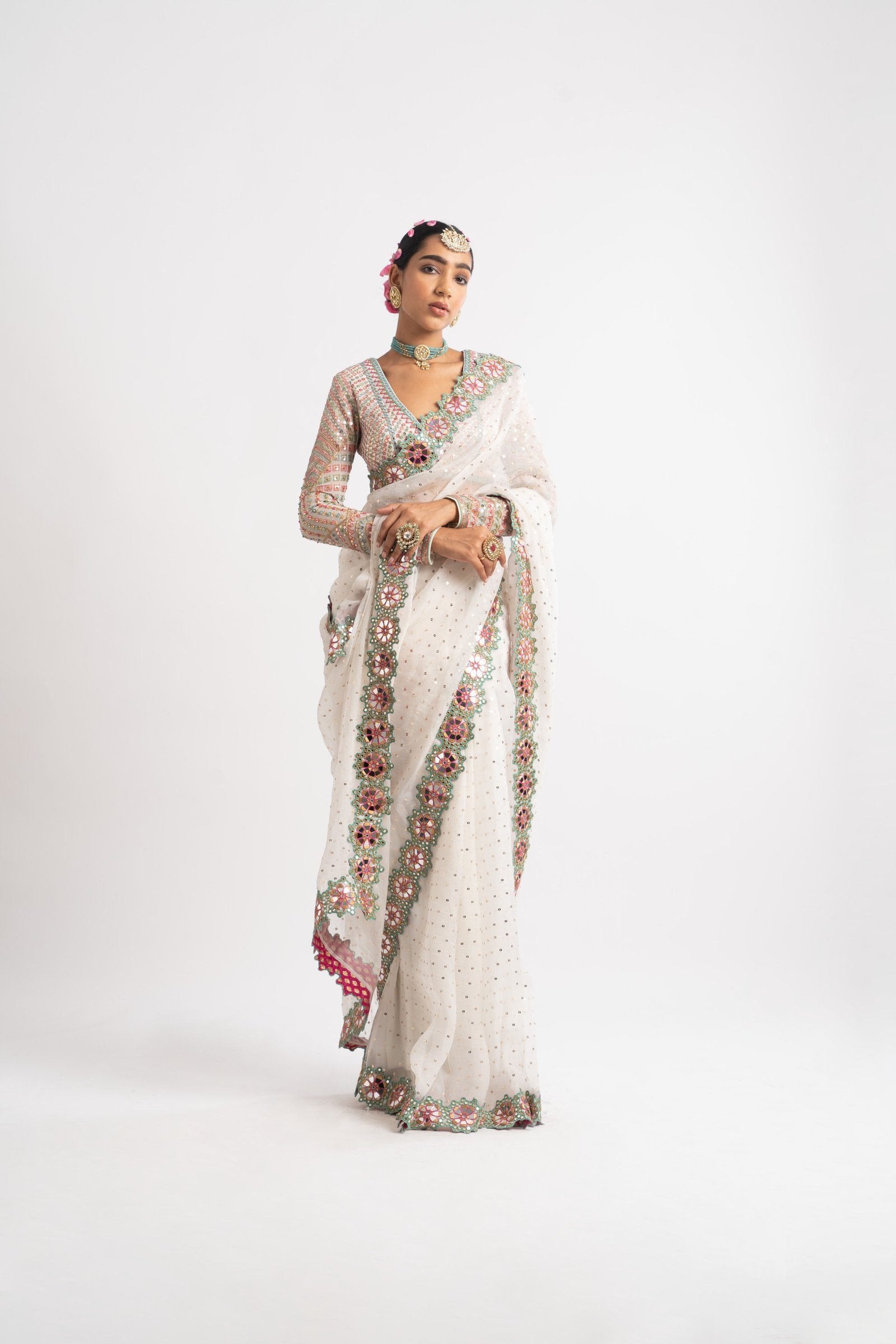 White Hand Cut Mirror Border Saree Set