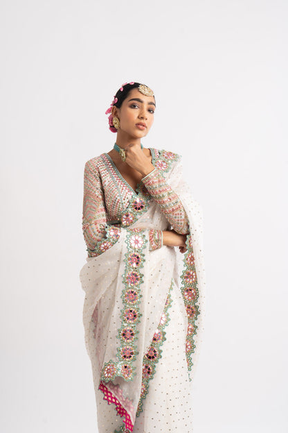 White Hand Cut Mirror Border Saree Set