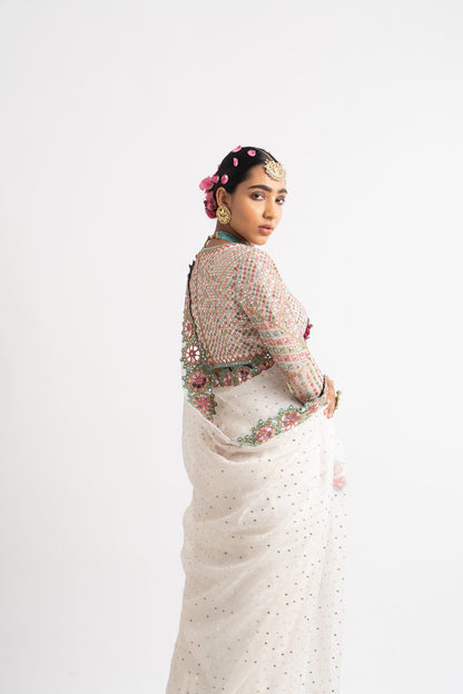 White Hand Cut Mirror Border Saree Set